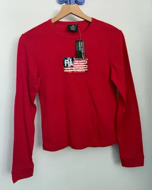 Polo Ralph Lauren Medium NEW Red Long Sleeve Sequin Flag Y2K Vintage Retro thumbnail 1