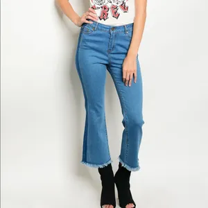 Light Wash Cropped Flare Jeans Raw Frayed Hem Button Fly Denim Size 31 thumbnail 2