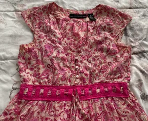 Floral Pink Beige Barbiecore High Waist Cotton Dress, size M thumbnail 5