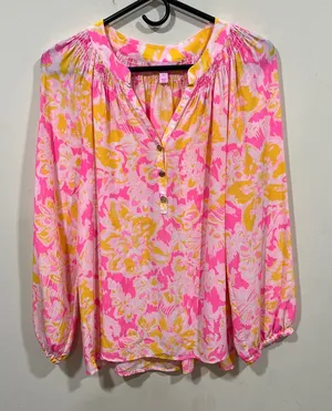 Lilly Pulitzer Large Elsa Ooh La La Pink Yellow Floral Silk Blouse Top Blouson thumbnail 1