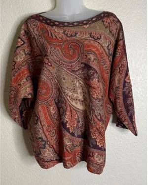 Chicos 2 US Large Paisley Knit Top Orange Purple Metallic Dolman Sleeve 3/4 Chic thumbnail 1