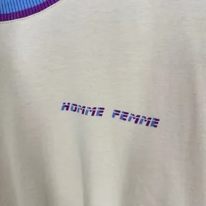 HOMME FEMME Small Beige Logo T-Shirt Ribbed‎ Collar Retro Streetwear Knit Tee thumbnail 3
