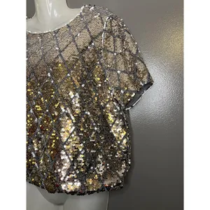 Mi Ami Blouse Womens Medium Gold Sequin Argyle Cropped Top Party Holiday thumbnail 4
