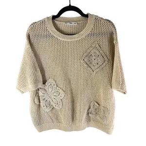 MNG Mango Womens Open Knit Sweater Boxy Floral Applique Beige Short Sleeve L thumbnail 1