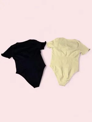 Women's Square Neck Short Sleeve Bodysuit - Black & Light Beige thumbnail 2