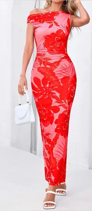 PRETTYGARDEN Red Floral One-Shoulder Maxi Dress thumbnail 1