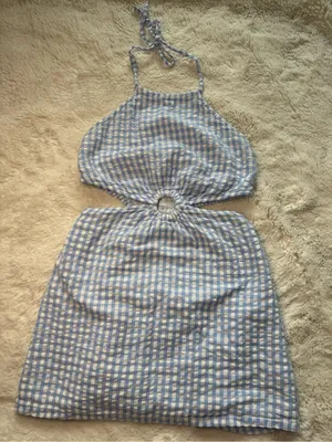 Sim & Sam Blue & White Gingham Halter Mini Dress Size S thumbnail 1