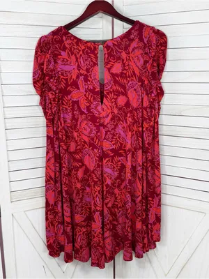 Free People Hello Lover Floral Ruched Puff Shoulder Tunic Mini Dress Red Small‎ thumbnail 9