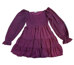 Altar’d State Women’s Vibrant Burgundy Babydoll Tiered Long Sleeve Dress Sparkle thumbnail 7