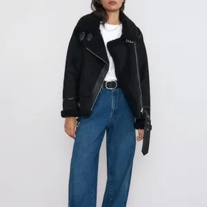 ZARA Women's Double Sided Jacket Faux Suede Shearling Moto Aviator Size Medium‎ thumbnail 12