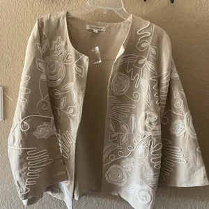 TravelSmith Beige Linen Blend Embroidered Open Jacket Women’s thumbnail 1