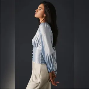 Anthropologie Flat White Shine Blue Iridescent Blouse Size XS NWT thumbnail 2