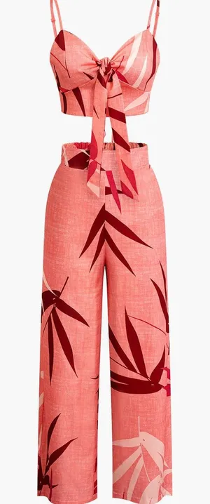 Micas Bamboo Leaf Print Knot Tropical Boho Resort Cami Top And Pants Set Pink XL thumbnail 1