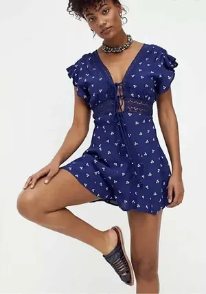 Free People Morning Sun Romper Lace Trim Tie Front Ruffle Boho Festival Size M thumbnail 1