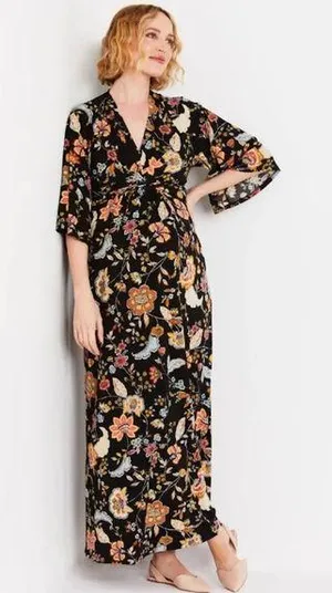 Jessica Simpson maternity black floral maxi bell sleeve dress thumbnail 1