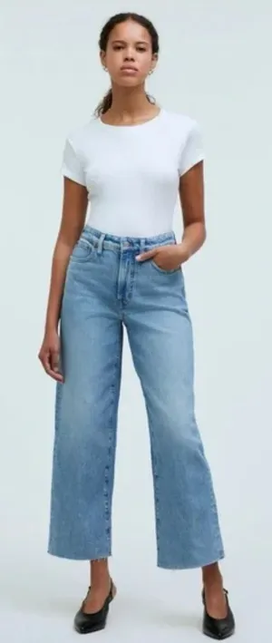 Madewell Wide Leg Crop Jeans Womens Size 32 Blue Raw Hem Front Pocket thumbnail 1