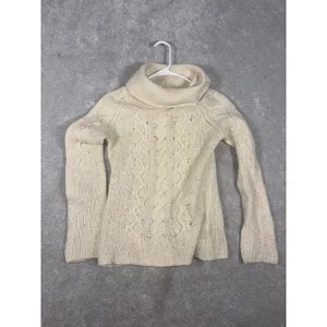 j crew black tag wool cable‎ knit turtleneck sweater beige loose knit med thumbnail 8