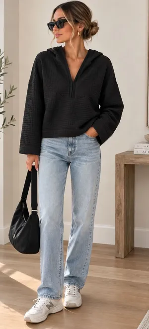 Max Studio London Black Waffle Knit Hooded Pullover Top Kangaroo Pocket Small thumbnail 1