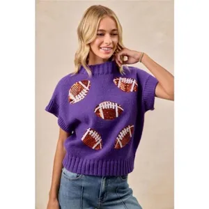 ✨NWT‎ BiBi Gameday Sequin Football Patches Rib Banded Sweater thumbnail 8