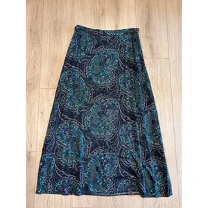 Vintage 90s Rayon Paisley Maxi Skirt Navy Teal‎ Green Floral Herringbone Size 12 thumbnail 5