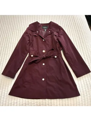 London Fog Burgundy Belted Collared Trench Coat Sz L Large Missing The Hood thumbnail 2