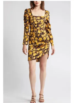 NWOT Floret Studios Brown and Yellow Floral Shirred Long Sleeve Mini Dress Sz L thumbnail 4