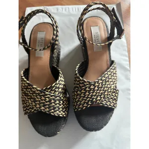 Steven New York Woven Espadrille Wedge Sandals Black Tan Ankle Strap Platform thumbnail 3