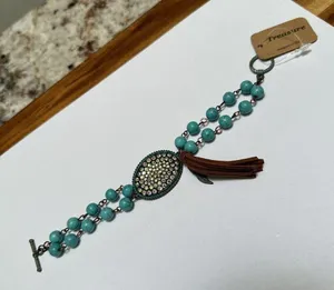 Rustic Style Turquoise Color Beads / Rhinestone / Brown Tassel NWT Bracelet thumbnail 8