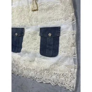 Boho Mini Dress Denim White Lace Crochet Cottagecore Western Large thumbnail 3