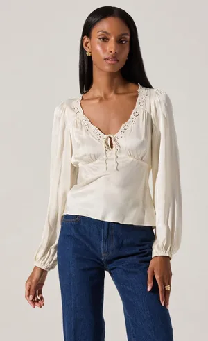 ASTR The Label Roya Eyelet Trim Satin Top thumbnail 1