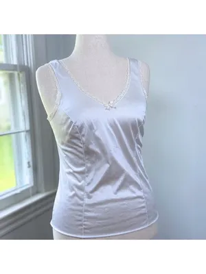 Vintage Velrose Coquette White Satin Camisole Medium Slip Top Lace Bow Bridal thumbnail 3