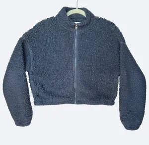 Hollister Sherpa Fleece Jacket Womens XS Gray Full Zip Cropped Teddy Cozy Soft thumbnail 1