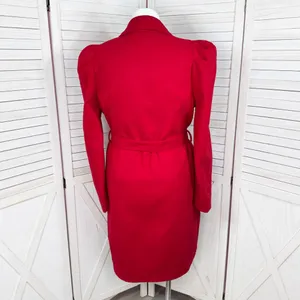 OnTwelfth Coat Women Size XL Red Puff Shoulder Sleeve Belted‎ Trench Long Cherry thumbnail 4