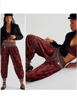 Free People FP One Marla Velvet Harem Gypsy Pants Plum Bohemian Medium M thumbnail 2