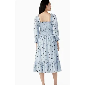 Kate Spade Sz XS Floral Dot Smocked Midi Dress Blue Puff Sleeve NWOT Cottagecore thumbnail 2