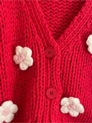 Luna Ivy Chunky Knit Flower Appliqué Cardigan Sweater Red Pink M Cottagecore thumbnail 4