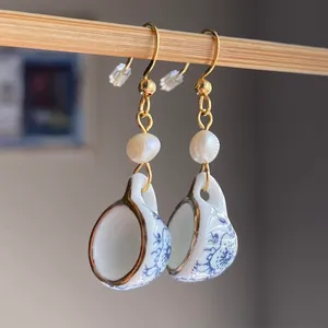 Handmade porcelain tea cup & freshwater pearls unique fun fairy antique style dangle earrings🫖🍃🌀 thumbnail 3