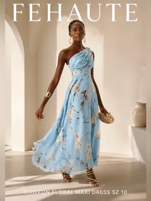 NWOT Fehaute blue floral chiffon one shoulder maxi dress sz 10 thumbnail 2