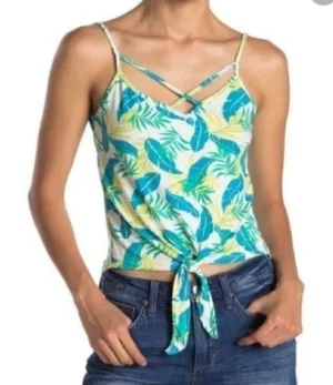 NWT Poof! Women's Juniors Size Small Tank Top White Tropical Floral Blue Green thumbnail 1