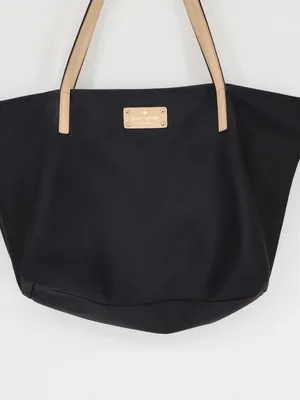 Kate Spade New York Black Nylon Tote Pink Lining Tan Leather Handles Work Bag thumbnail 2
