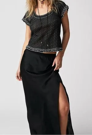 Free People Sheer Mesh Garner Floral Baby Tee Size Large Black thumbnail 2
