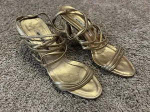 Vintage MANOLO BLAHNIK Metallic Champagne Lace-Up Sandal Stiletto Heels 37.5 thumbnail 1