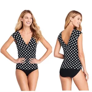 Lands End Cap Sleeve Surplice Tankini Swimsuit Black White Dots Preppy womens 2 thumbnail 2