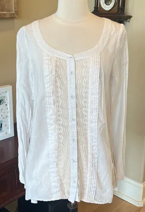 Romantic Free People ivory blouse oversized long top Womens S Button Up Lace thumbnail 1