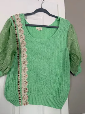 POL Mint Green Puff-Sleeve Knit Top with Lace Trim thumbnail 7