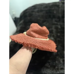 Frye Red Raffia Straw Wide Brim Raw Edge Woven Sun Hat OS thumbnail 2