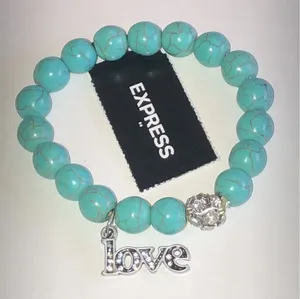 Express Turquoise Color Boho Beaded Bracelet with Silver Tone Love Charm thumbnail 1