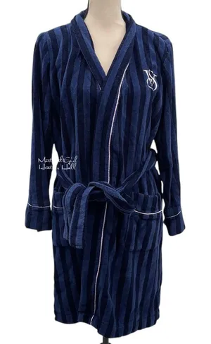 Victorias Secret Navy & Black Striped Embroidered Logo Belted Robe With Pockets thumbnail 1