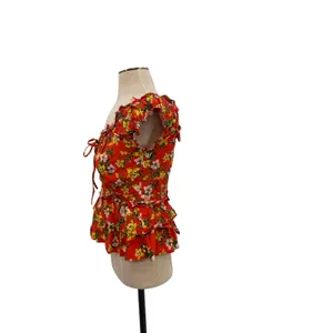 Marissa Webb Amaya Floral Ruffle Peplum Top Puff Sleeve Red Size 6‎ thumbnail 6