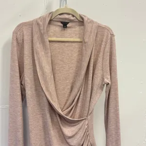 Ann Taylor Nude Pink Heathered Draped Shawl Neck Faux Wrap Top Sweater Large thumbnail 3